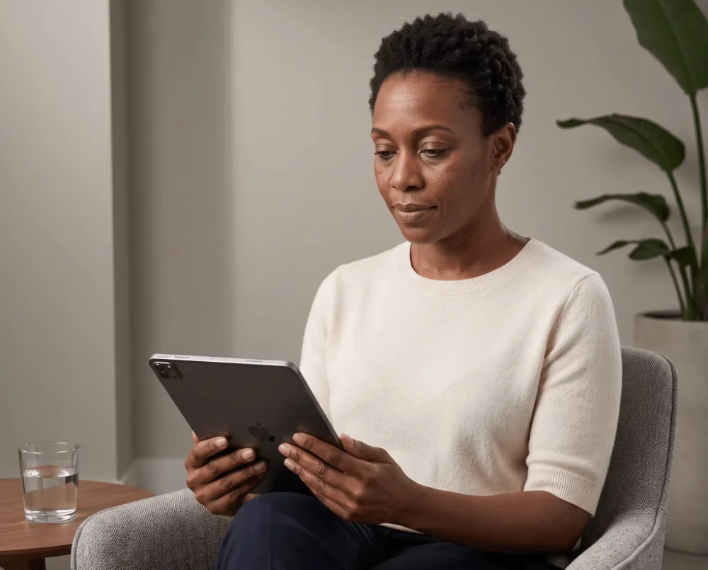 A woman reviewing a concept on a tablet