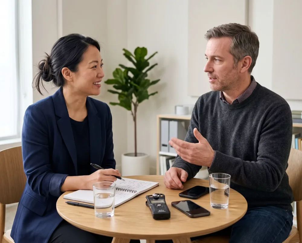 A researcher interviewing a participant across a small table