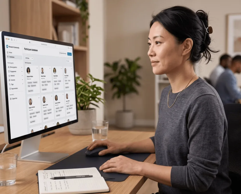 A research manager reviewing her community at her desk