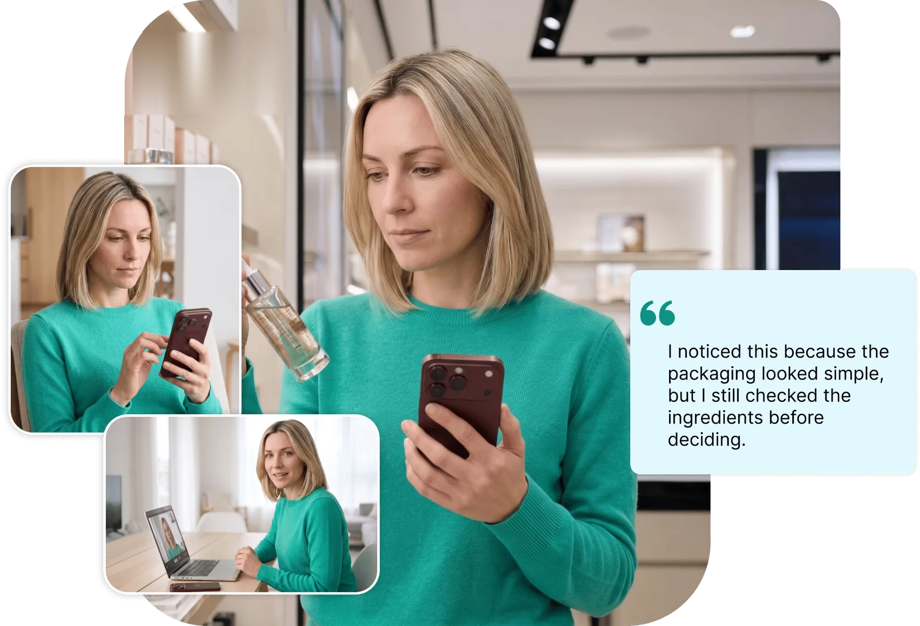 One community member shown across three moments — in store, answering on her phone, and on a video interview