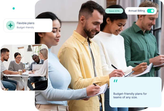 A team taking notes together, with Flexible plans, Annual Billing (Save 20%) and a note that plans suit teams of any size