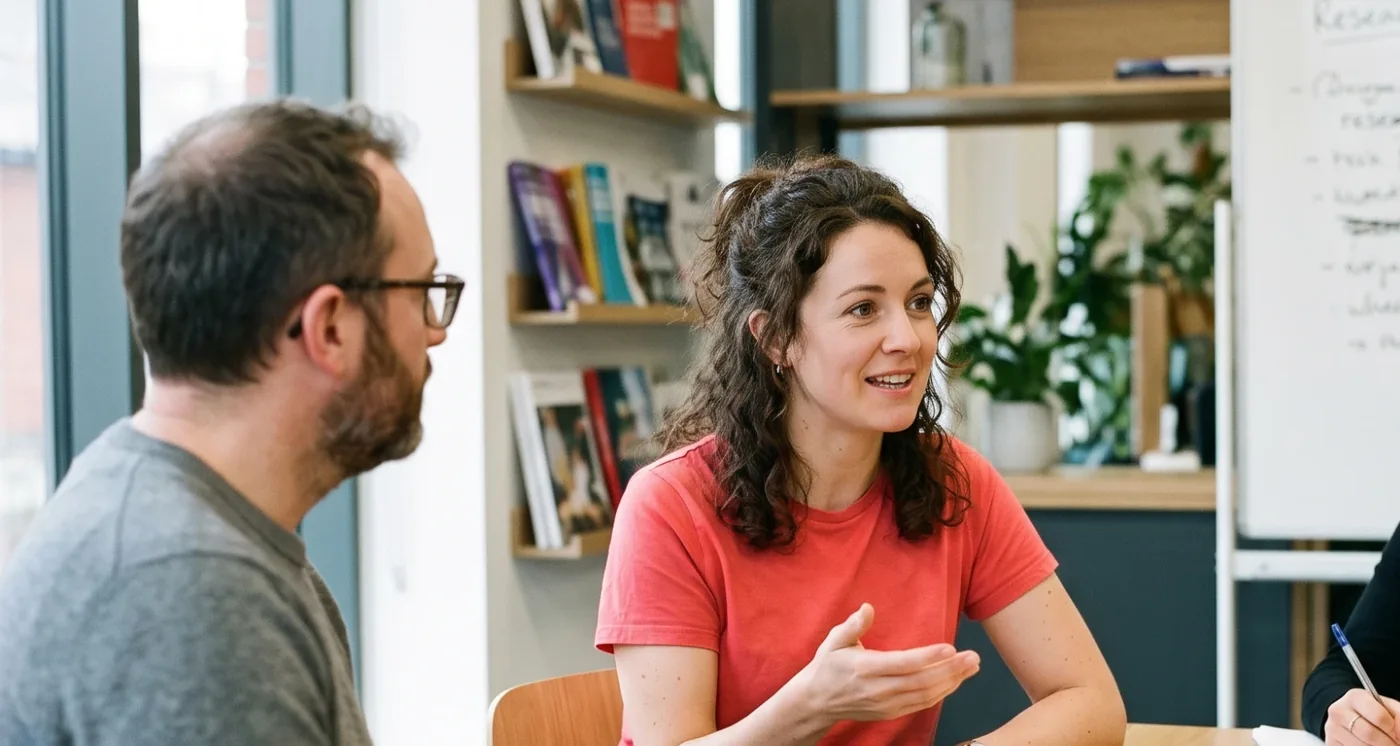 Two people deep in conversation during a research session